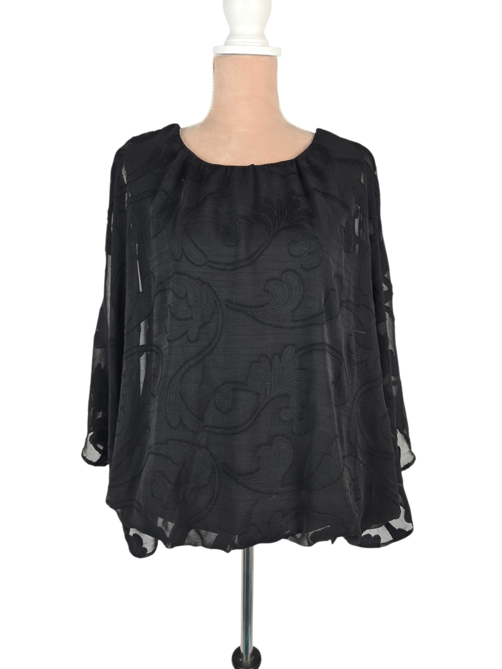 Chico's Travelers Bubble Top Chiffon Burnout NWT Sheer Long Sleeve Black 2 = L
